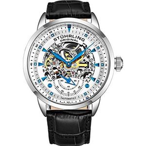 Stuhrling Origineel automatisch herenhorloge skeleton-horloges voor mannen - zwart lederen horlogeband mechanisch horloge zilver executive horloge collectie, Kleur: wit