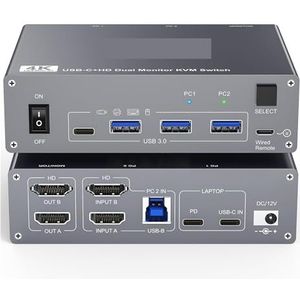KVM-switch 2 monitoren computers 8K60Hz, 4K144Hz, en Displayport Dual Monitor met 4 USB 3.0 for toetsenbord Naadloze Schakeling