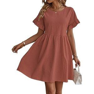 jurken voor dames Effen gesmokte jurk met uitlopende mouwen - Leuke casual A-lijn jurk met korte mouwen (Color : Redwood, Size : Small)