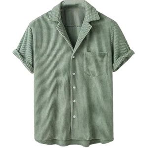 Heren Zomer Corduroy Plaid Korte Mouw Casual Streetwear Button-Down Effen Kleur Ademend Vintage Shirts, Leger En8, S
