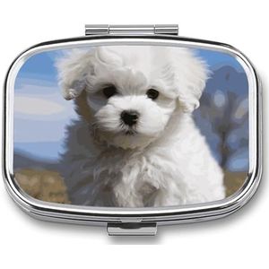 Bichon Frise Hondenpillenetui met 2 compartimenten, pillenorganizer, draagbare vierkante pillendoos, vitaminepillenorganizer voor zakportemonnee en reizen