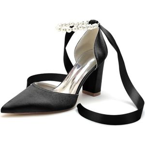 EICOFF Vrouwen Parel Trouwschoenen voor Bruid Hoge Hakken Puntige Teen Blok Hak Satijn Bruiloft Bruids Pompen Jurk Party Sandalen,zwart,35 EU