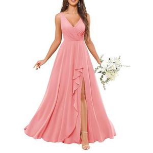 Chiffon baljurken voor dames, mouwloos, bruidsmeisjesjurken voor bruiloft, cocktailjurk, grote maten, Koraal, 32