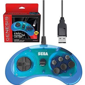 Retro-Bit Official Sega Genesis USB Controller 6-Button Arcade Pad for Sega Genesis Mini, PS3, PC, Mac, Steam, Switch - USB Port - (Clear Blue)