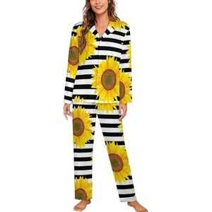 Zonnebloemen op Zwart Wit Gestreepte Vrouwen Lange Mouw Button Down Nachtkleding Zachte Nachtkleding Lounge Pyjama Set 2XL