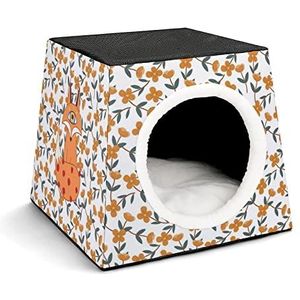 Decoratief Kattenhuis Kattenbed Kubusvorm Kattenholte Hondenhuis met Uitneembaar Kussen Fox Spirit Oranje Bloem