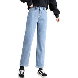 Boan Dames meisjes jeans gewatteerd met bont binnen warm recht los hoge taille voor koude winter - blauw - 38