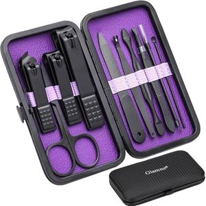 Glamne Manicure Set Nail Clippers Kit Professionele Rvs Nail Care Gereedschap met Lederen Travel Case 10 in 1 Paars