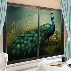 Groen gras pauw raamfilm warmteblokkerende rustieke vogel vintage dier privacy raamdecoratie glazen deur bekleding niet-klevende raamfilm voor badkamer keuken 90 x 160 cm x 2 stuks