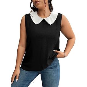 damestop in grote maten Plus mouwloze blouse met contrasterende kraag (Color : Noir, Size : XXL)