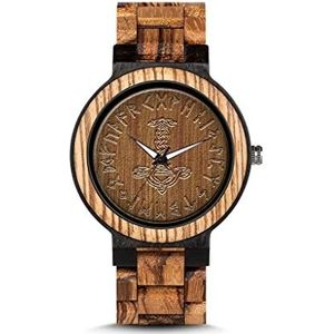 Houten Herenhorloge met de Hamer Van Thor, Vintage Viking Symbolen Mjolnir Rune Quartz Horloge, Grote Giften voor Mannen