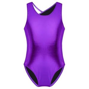 NUOYIXUAN Glanzend metallic danspak voor meisjes, gymnastiekpak, danskleding, mouwloos danspak, kostuums (paars, 3XL)