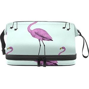 Multifunctionele opslag reizen cosmetische tas met handvat,Grote capaciteit reizen cosmetische tas,Rosy Flamingo lichtblauwe achtergrond, Meerkleurig, 27x15x14 cm/10.6x5.9x5.5 in