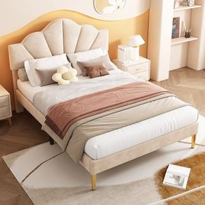 Moimhear Gestoffeerd bed, fluweel, schelpachtig bed met gouden ijzeren poten, in hoogte verstelbaar hoofdeinde, houten lattenbodem, beige, 140 x 200 cm