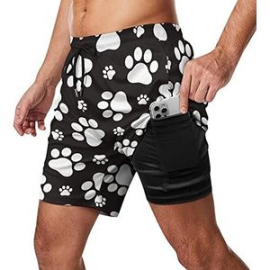 Hondenpoot voetafdruk patroon heren zwembroek sneldrogend 2-in-1 strand sport shorts met compressie voering en zak