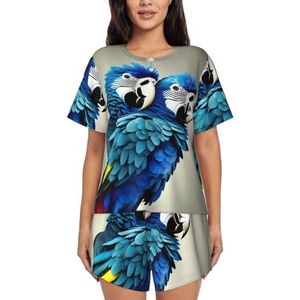 Blauwe papegaai knuffelen vrouwen ronde hals korte mouw pyjama set, stijlvolle comfortabele hortmouw shorts set, Zwart, L