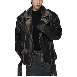 YTR6TW Mannen Vintage Biker Pu Lederen Jas Mannen Losse Rits Jas Mannen Kleding, Zwart, XS