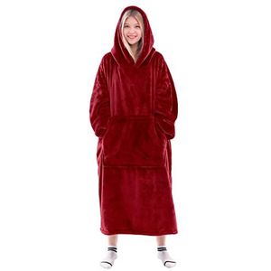 Waitu Draagbare deken sweatshirt voor dames en heren, super warme en gezellige grote deken hoodie, dikke flanellen deken met mouwen en gigantische zak - rood