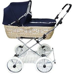 Eichhorn wilgenmand kinderwagen met lederen riemen frame met schuifhoogteverstelling mand wilgentenen natuur EVA-wiel. blauw