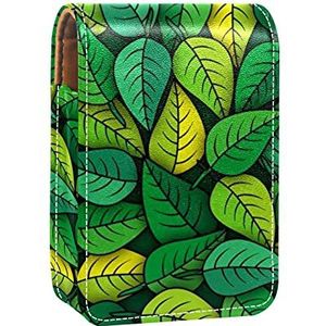 Make-up Lippenstift Case voor Buiten Groene Bladeren Patroon Draagbare Lipstick Organizer met Spiegel Dames Mini Make-up Tas Neemt Tot 3 Lippenstift
