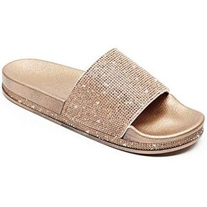 Yikoly Slippers, glitter, strass, modieus, plat, antislip, zomer, vrouwen, plat, strand, sandalen, huisschoenen, dames, zomer, indoor/outdoor, schattige sandalen, maat 36-41, goud, 38 EU