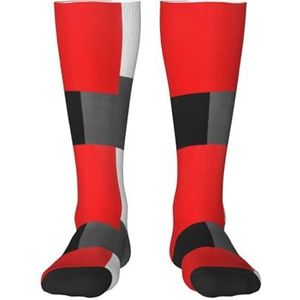 YsoLda Kousen Compressie Sokken Unisex Knie Hoge Sokken Sport Sokken 55CM Voor Reizen, Rood Grijs Zwart En Wit Geometrisch Blok, zoals afgebeeld, 22 Plus Tall