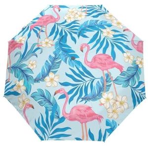 GAIREG Tropische Flamingo's Bloemen Bladeren Blauw Reizen Paraplu Winddicht Auto Open Sluiten Opvouwbare Opvouwbare Compact Paraplu Voor Regen