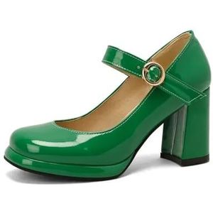 Klassieke mode PU-lakleer groen marineblauw gesloten teen band dames kantoor pumps gesp riem vintage dames Mary Janes schoenen blokhakken, groen, 39 EU