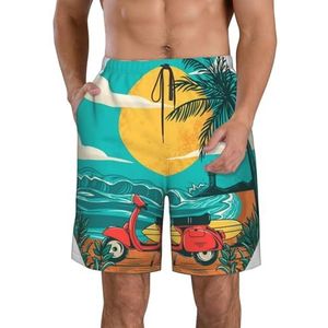 Sunset Beach Palm Tree Print strandshorts voor heren, lichtgewicht, sneldrogend, trekkoord zwembroek met zakken, Wit, XL