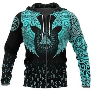 Vintage Nordic Crow Sweatshirt Voor Heren, Nieuwe Harajuku 3D-geprinte Keltische Knoop Vegvisir Casual Plus Size Hoodie met Rits, Middeleeuwse Heidense Jas met Lange Mouwen(Color:C zipper hoodie,Size: