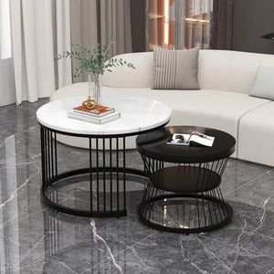 Merax Ronde salontafel, set van 2, moderne bijzettafel met hoogglans gemarmerd voor woonkamer, bijzettafel voor ontvangstruimte, balkon en kantoor, metalen frame, unieke vorm, zwart en wit