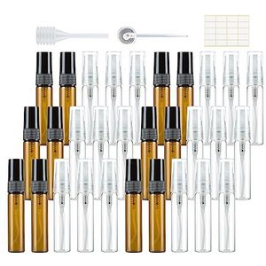 30 stuks 5 ml parfumverstuiver, lege spuitfles, glas, mini-pompzakken, parfumflacon, navulbaar, reisparfummonsters, perskop, transparante barnsteen met pipetten