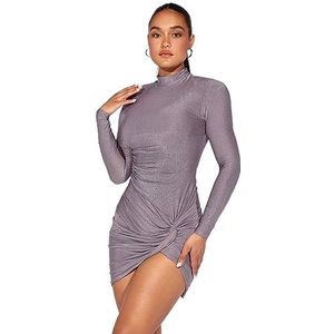 jurken voor dames Mock Neck Twist Front Glitter Bodycon-jurk - Mauve Purple - Feestjurk - Lange mouw - Hoge stretch (Color : Mauve Purple, Size : X-Small)