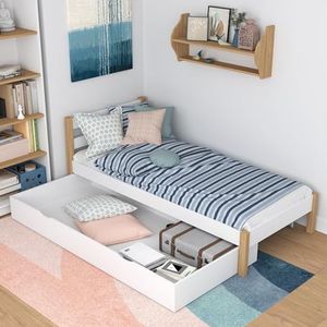 N-Wood N01 Eenpersoonsbed met lade 80x200 cm, Enkel bed met lattenbodem, Single bed voor kinderen en volwassenen, massief eiken, afgeronde hoeken, aanbevolen voor allergiepatiënten en astmapatiënten