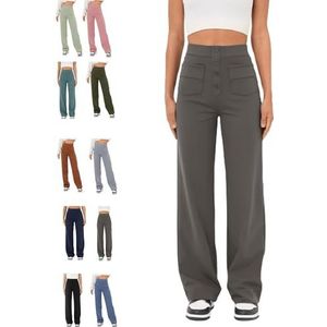 Casual stretchbroek met hoge taille voor dames, rechte broek met hoge taille met zakken, casual stretchbroek, super elastische hoge taille, rechte broek (donkergrijs, S)