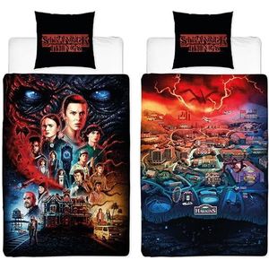 Stranger Things Beddengoed Hawkins 135 cm x 200 cm + 80 cm x 80 cm 100% katoen renforcé-linon-kwaliteit Eleven Dustin Hopper Mike Demogorgon Monster Creels Duitse maat met ritssluiting