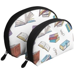 Make-uptas, cosmetische reistas, 2 stuks, draagbare clutch pouch-set, buidelorganisator, boeken uit bibliotheek doodle, zoals afgebeeld, Eén maat