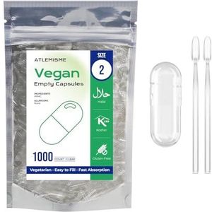ATLEMISME Lege plantaardige capsules Maat 2 - Pak van 1000 - Gelatinevrij, ideaal voor voedingssupplementen en poeders - Gemakkelijk vullend en snel oplossend