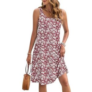 AUSELILY Zomer Jurken Vrouwen UK Mouwloos Knielengte Vrouwen Casual Strand Jurken Licht Swing Tank Jurk met Zakken, Nieuw Bloemen Rood, L