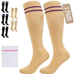 360 Relief Compressie Sokken klasse 1 voor Mannen en Vrouwen - 15-20 mmHg Steunkousen voor langeafstandsvluchten, reizen, sporten, hardlopen, wandelen - 1 Paar Compression Socks L/XL Beige met wasnet