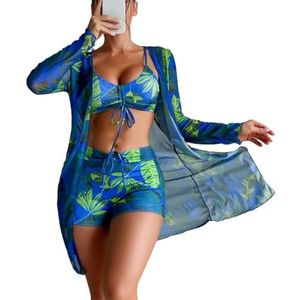 Dames 3-delige bikiniset 3-delige badpakken voor dames outfits bloemen tropische bikini & korte sets zomer strand sexy cover-ups feest, Blauw, XL