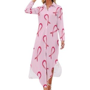 Borstkanker bewustzijn roze linten dames maxi-jurk lange mouwen knopen overhemd jurk casual feest lange jurken L