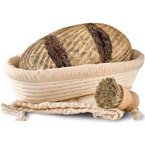 Rijsmandje - Ovaal Broodrijsmand - Duurzaam Rieten Mandje - 35 cm - Set met Borstel, Linnen Doek en Zakje