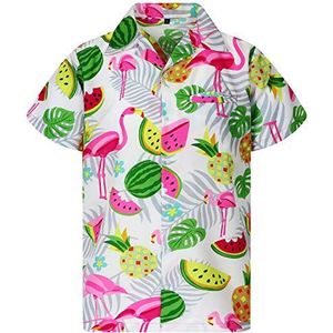 Funky Hawaiiaans Overhemd, Hawaii-Overhemd, Korte Mouw, Flamingo Melon, Wit, XL