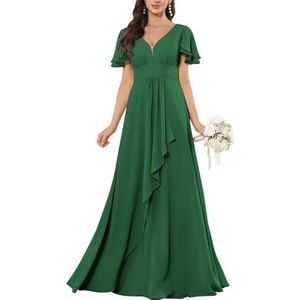 HPPEE Flutter Mouw V-hals Chiffon Bruidsmeisjesjurken voor Vrouwen Ruches A-lijn Maid of Honor Formele Avondjurk, Emerald Groen, 32