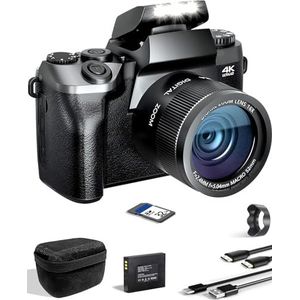 SWE Compacte digitale camera, 4K, 64 MP, met 10,2 cm (4,0 inch) touchscreen, wifi-functie, vintage fotocamera met 16-voudige zoom, 32 GB kaart, 3000 mAh-batterij, tas