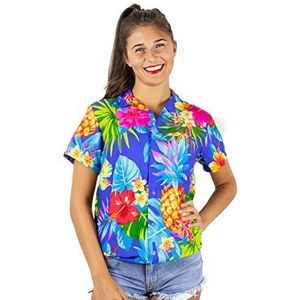 King Kameha Funky Hawaï-blouse voor dames, korte mouwen, voorzak, Hawaii-print, ananas, Ananas pastelblauw, M