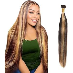Salharer Straight Human Hair Bundles Single Extensions Machine Double Wefts Unprocessed Remy Weave Highlight Blonde Color for Woman 34 Inch