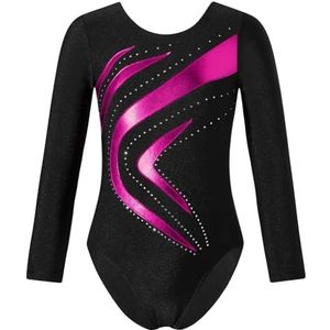 NihaoWXM Meisje, ballet, dans, turnpakje, ritmische gymnastiek jumpsuit met lange mouwen, glanzende strass kunstschaatsen, yoga bodysuit, danskleding, gymnastiekpakjes voor meisjes (roze, 14)