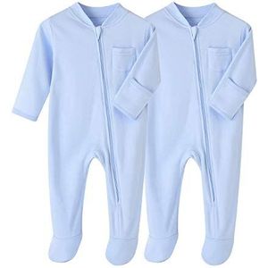 BINIDUCKLING Unisex Baby 2-Pack Zip-Up Baby Onesies Gezellige Voeten Outfit Pasgeboren Bodysuits Babykleding Effen Kleur Katoen Rompertjes 0-12 Maanden, Lichtblauw, 0-3 maanden